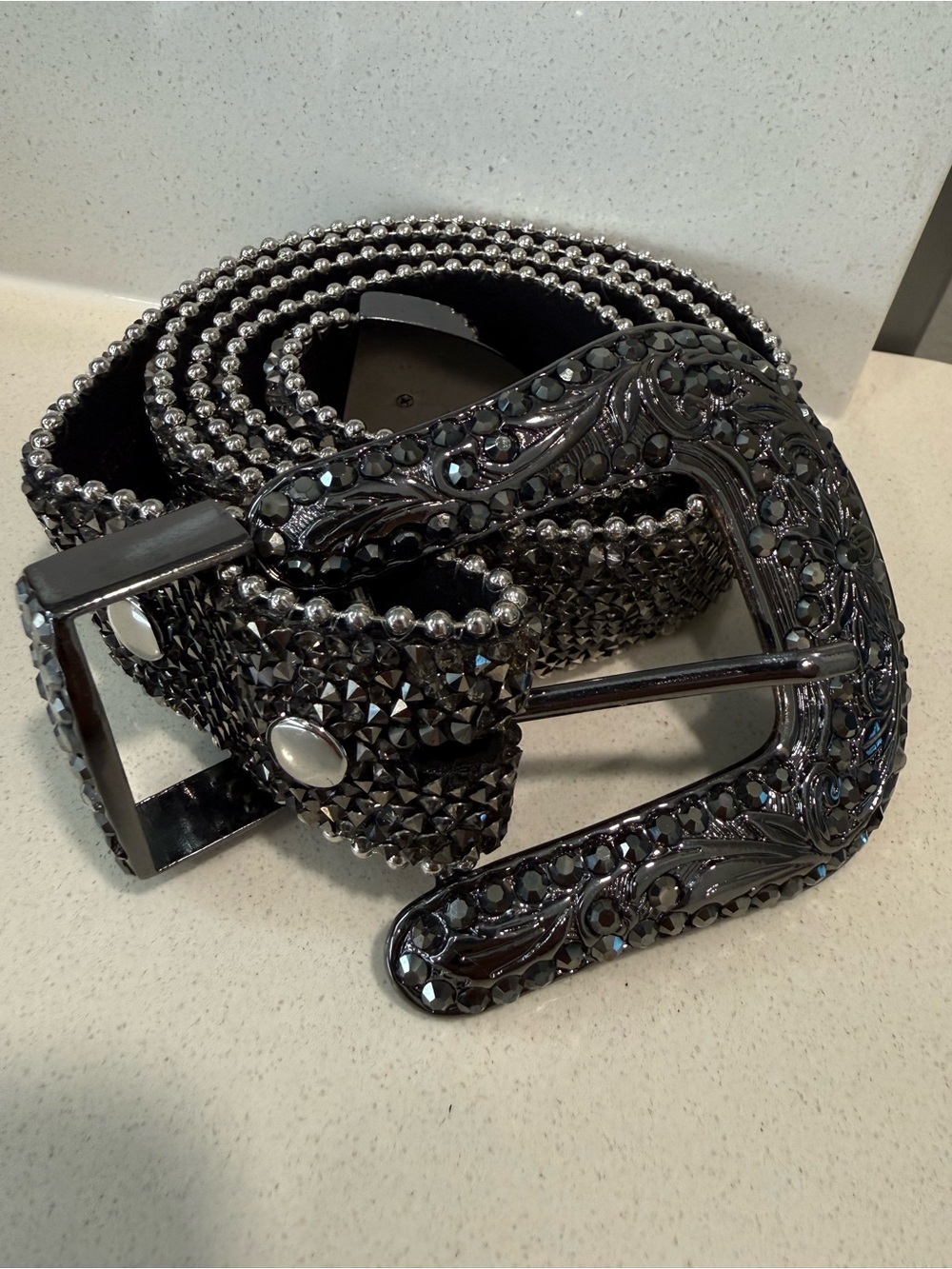 MNML Black Studded Crystal Western Buckle Belt